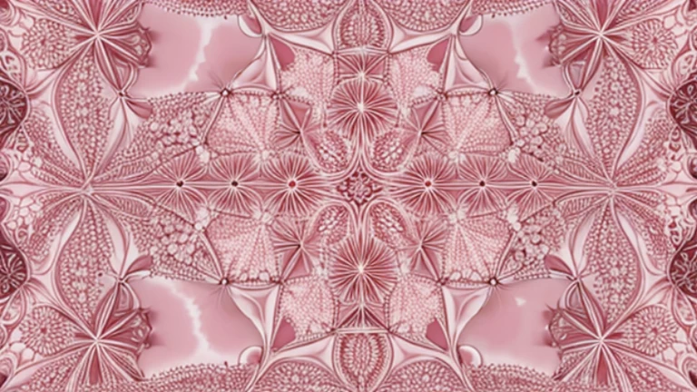 Symmetrical fractal design with star-like patterns in shades of pink with intricate detailling, set against a white blackground