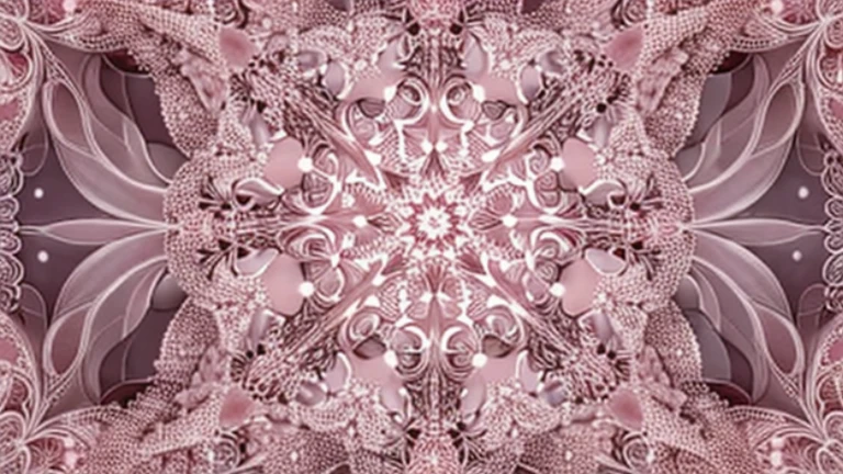 Symmetrical fractal design with star-like patterns in shades of pink with intricate detailling, set against a white blackground