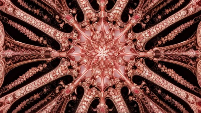 Symmetrical fractal design with star-like patterns in shades of pink with intricate detailling, set against a gold blackground