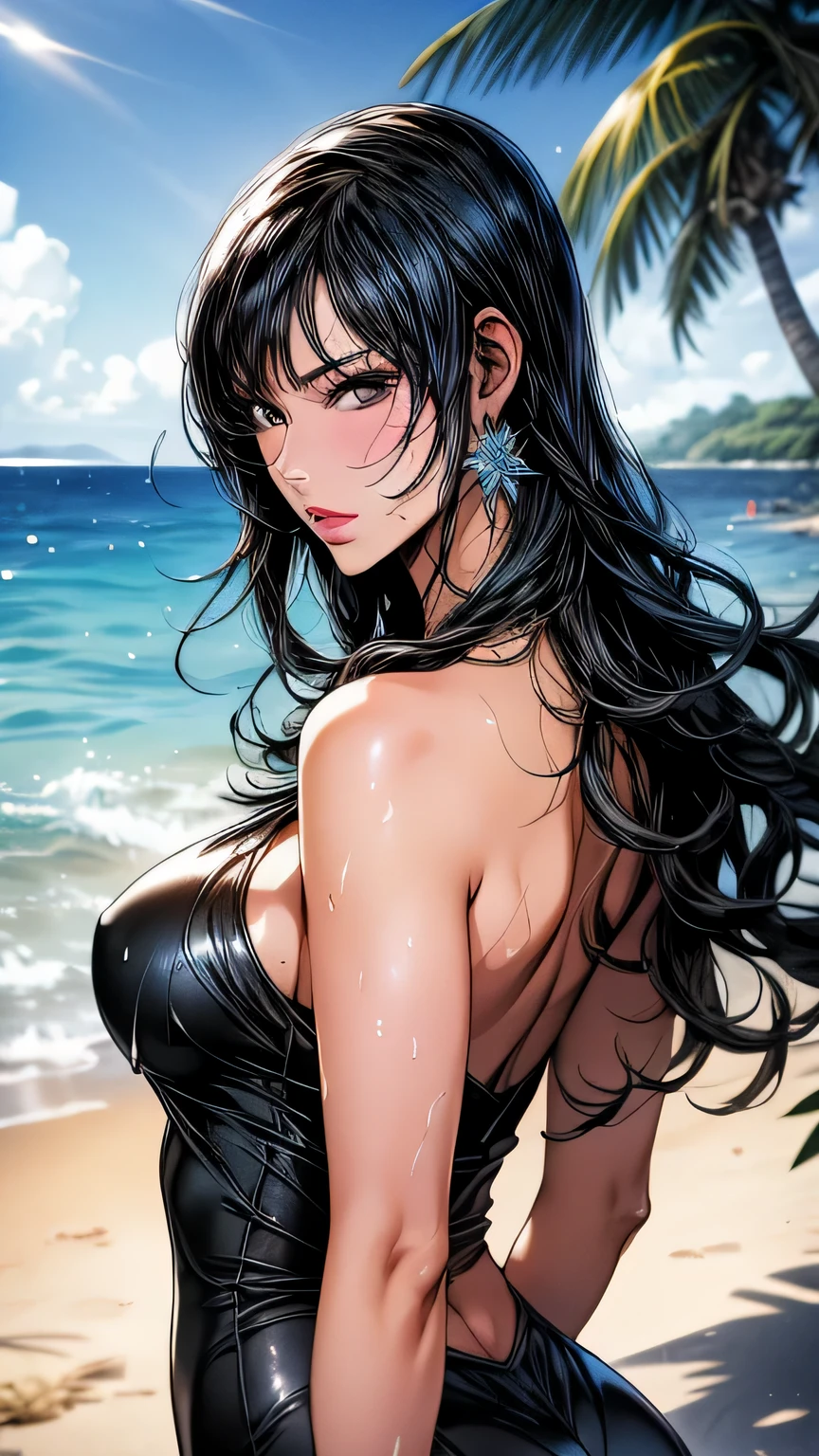 1 girl (master piece:1.2) (detailed:1.2) (highest quality:1.1) (shiny hair) (shiny skin), nico robin V2, movie lighting, (wet skin, wet hair, big:1.2), big, (beach, Palm tree), beach, clear water,(blue sky, Cumulonimbus cloud),(Smooth),(hibiscus),laughter, black eye, one piece, nico robin, Huge_chest, ~ Side、masterpiece、highest quality、Super fine、High resolution、Very detailed photos、(natural skin texture、fine skin、hyper realism、Super sharpness)、high detail skin、(very detailed、Fine skin texture、intricate details、one piece swimsuit、