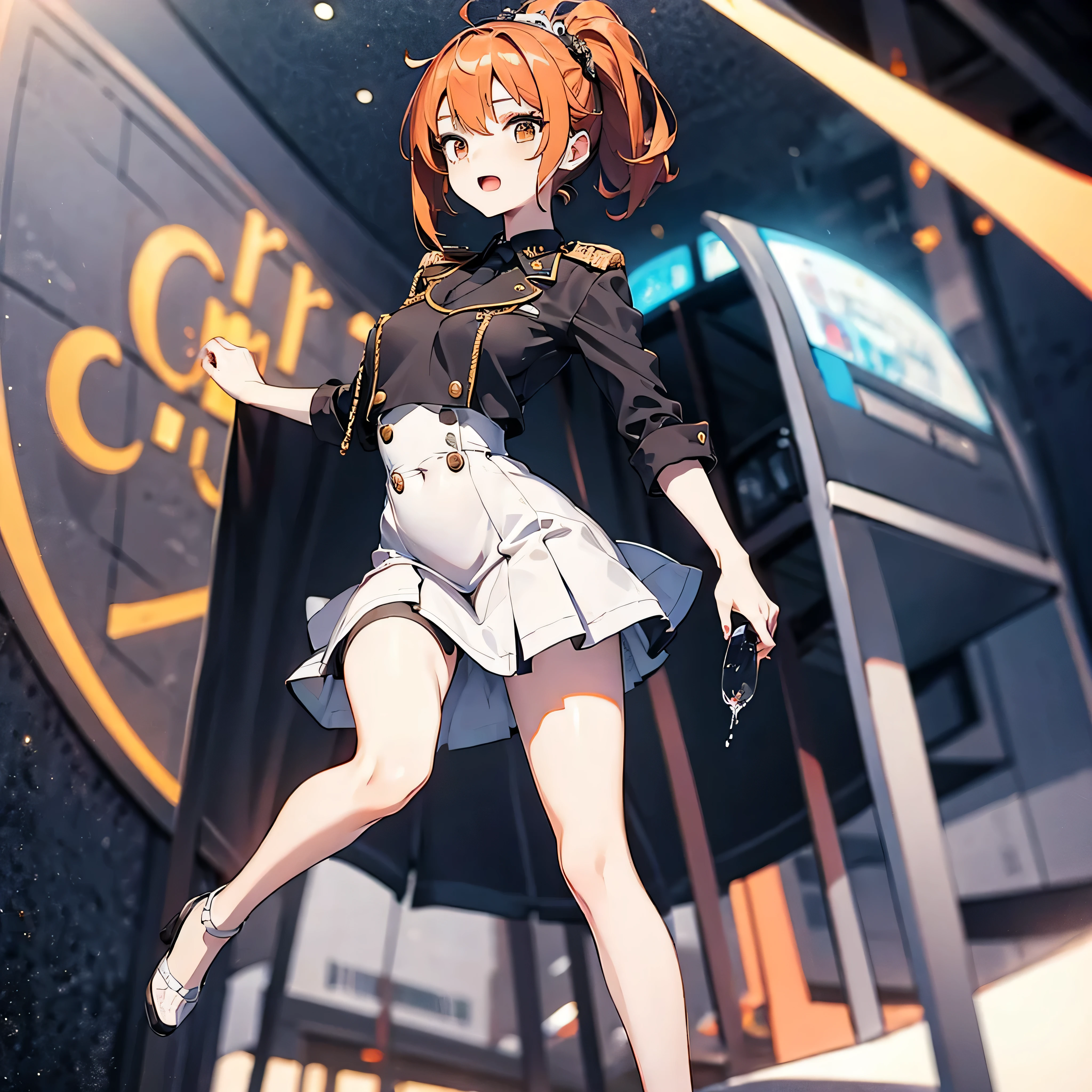 (solo:1.2), 1 childish girl standing in space ship, galaxy in distance, military uniform, too short skirt, (short orange hair), (very long sidelocks), narrow shoulders, narrow waist, skinny long legs, thigh gap, pigeon toed, (nsfw:0.7), orgasm, show off vagina squirting out pussy juice