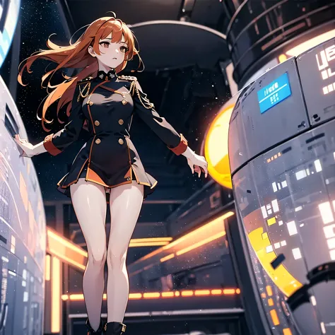 (solo:1.2), 1 childish girl standing in space ship, galaxy in distance, military uniform, too short skirt, (short orange hair), ...