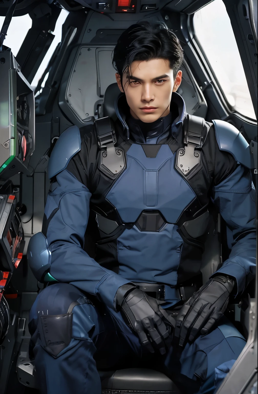 um homem bonito. dezoito. Cabelo preto. O homem usa um uniforme de combate metálico azul-preto. Ele está olhando para a câmera com uma expressão desafiadora. Ele está sentado na cabine do robô.