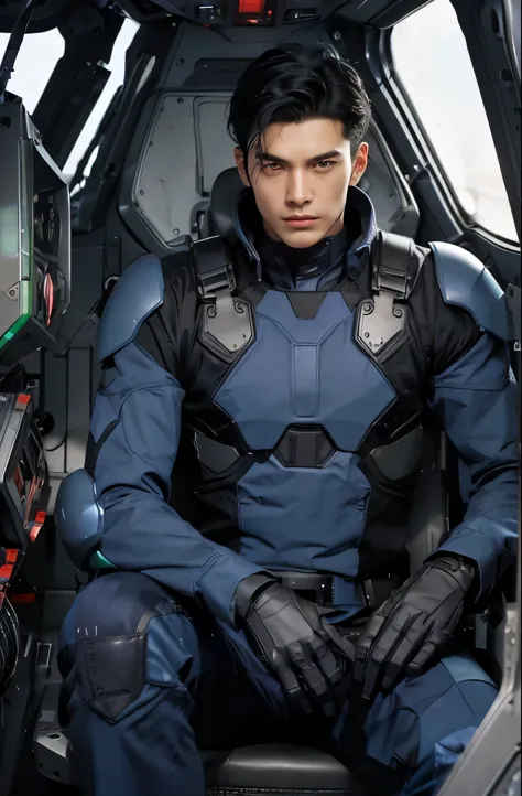A handsome man. eighteen. Black hair. The man wears a blue-black metallic combat uniform. He is looking at the camera with a def...