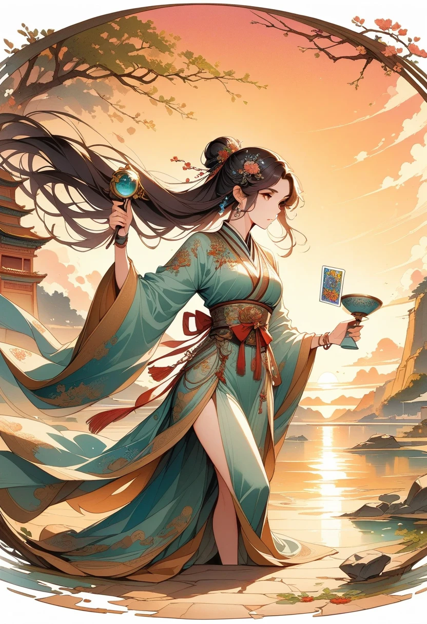 ((melhor qualidade)) , ((obra de arte)) , (detalhado) , (((ilustração de jogo de cartas)))，Pinceladas rabiscadas da sombria era digital (mulher:1.3) Segure um chá , Ela estava curiosa, As mulheres têm narizes com formato geométrico, Ela usa Jellaba, Jellaba é retro-futurista, Tem detalhes vintage, Postura de exercício, Perto de Chibi Cristo Redentor, no pôr-do-sol, Surpreendente, raios do sol, lente macro, Resolução 8K. Esta cena incorpora a tranquilidade e a beleza da arte clássica chinesa, com um toque da natureza，Ilustração Chinesa，ilustração plana，desenho de marcador，Tinta colorida sobre papel，Ilustração vetorial