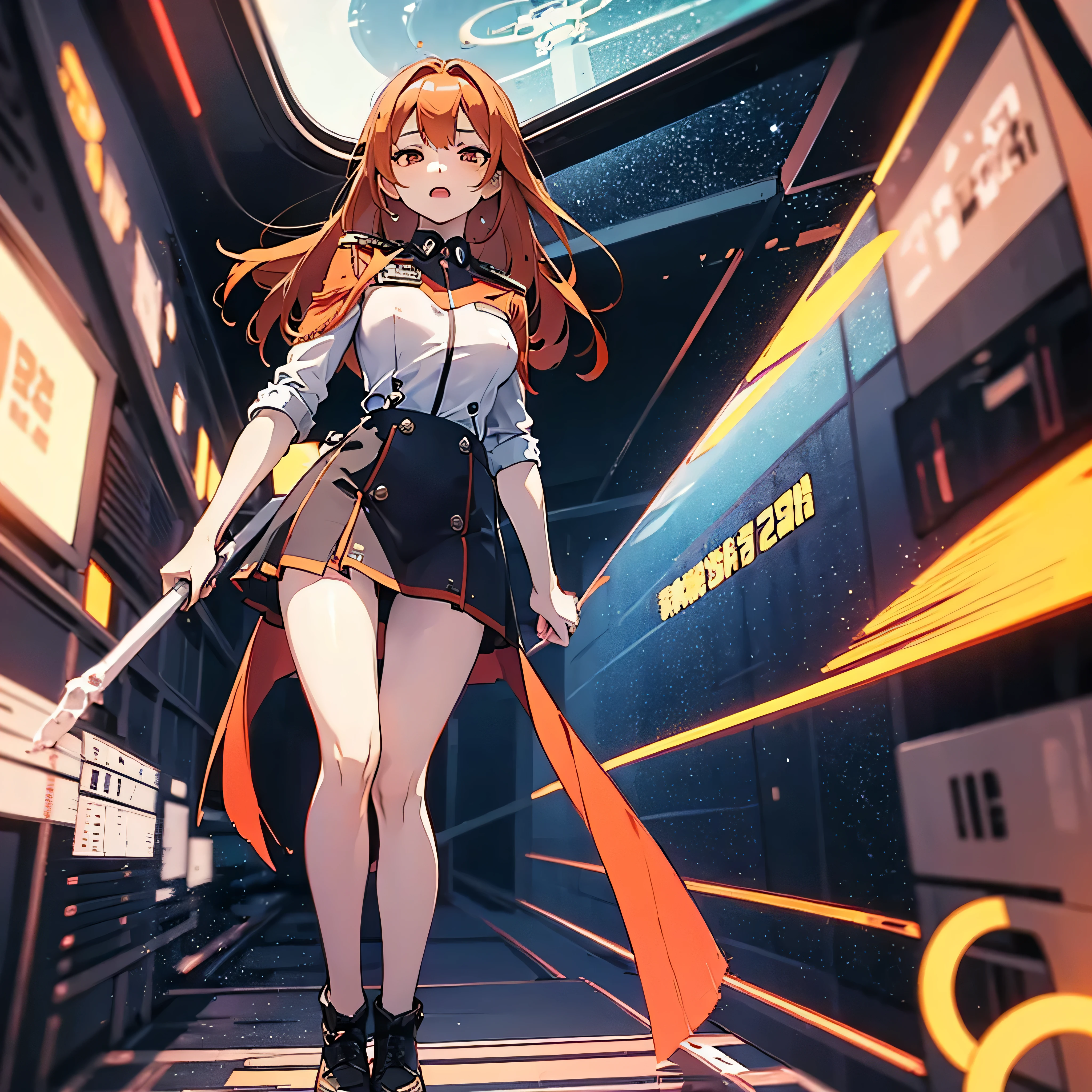 (solo:1.2), 1 childish girl standing in space ship, zero gravity, galaxy in distance, military uniform, too short skirt, (short orange hair), (very long sidelocks), narrow shoulders, narrow waist, skinny long legs, thigh gap, pigeon toed, (nsfw:0.8), orgasm, show off vagina squirting out pussy juice