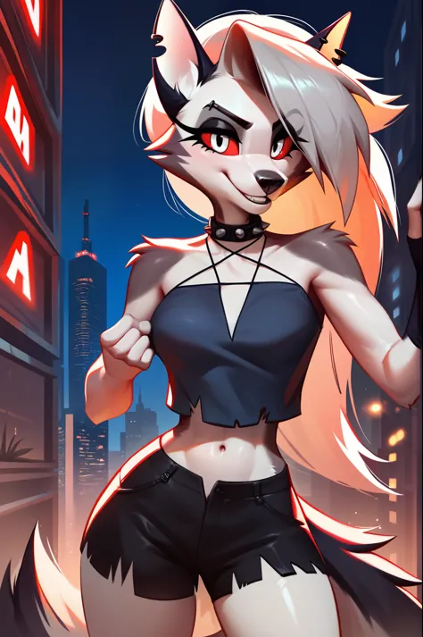 score_9_up,score_8_up,1girl,solo,amazing composition,incredible lighting,smiling,detailed background,shiny skin,outdoors,loona_(helluva_boss),anthro,city in hell,sleeveless shirt,short shorts,