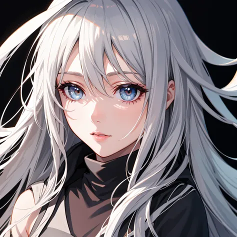 white girl, dark grey hair color, very long flowing hair, grey eye color, small eyes, round eye shape, eyeliner, realistic face ...