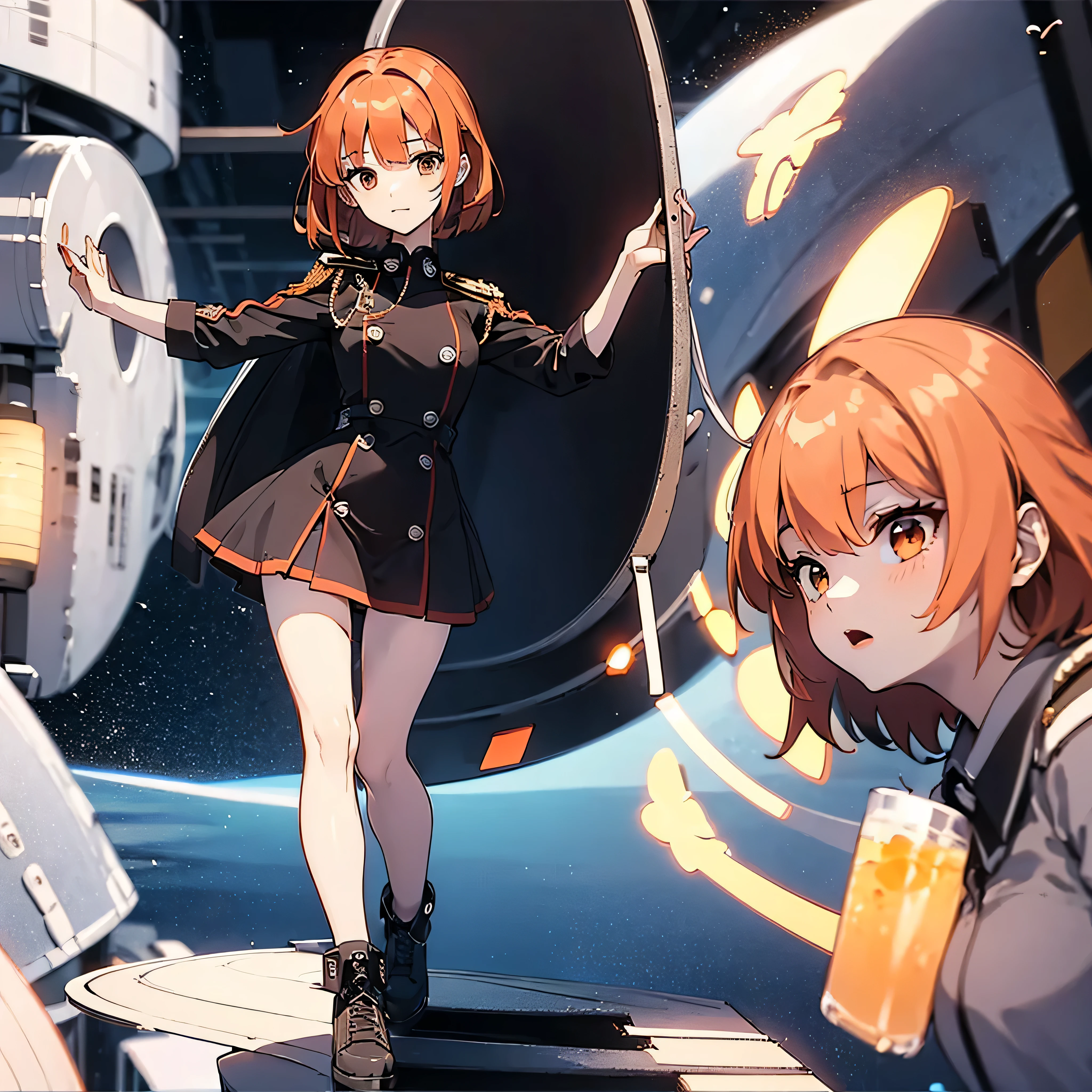 (solo:1.2), 1 childish girl standing in space ship, zero gravity, galaxy in distance, military uniform, too short skirt, (short orange hair), (very long sidelocks), narrow shoulders, narrow waist, skinny long legs, thigh gap, pigeon toed, (nsfw:0.8), orgasm, show off vagina squirting out pussy juice