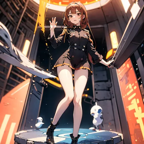 (solo:1.2), 1 childish girl standing in space ship, zero gravity, galaxy in distance, military uniform, too short skirt, (short ...