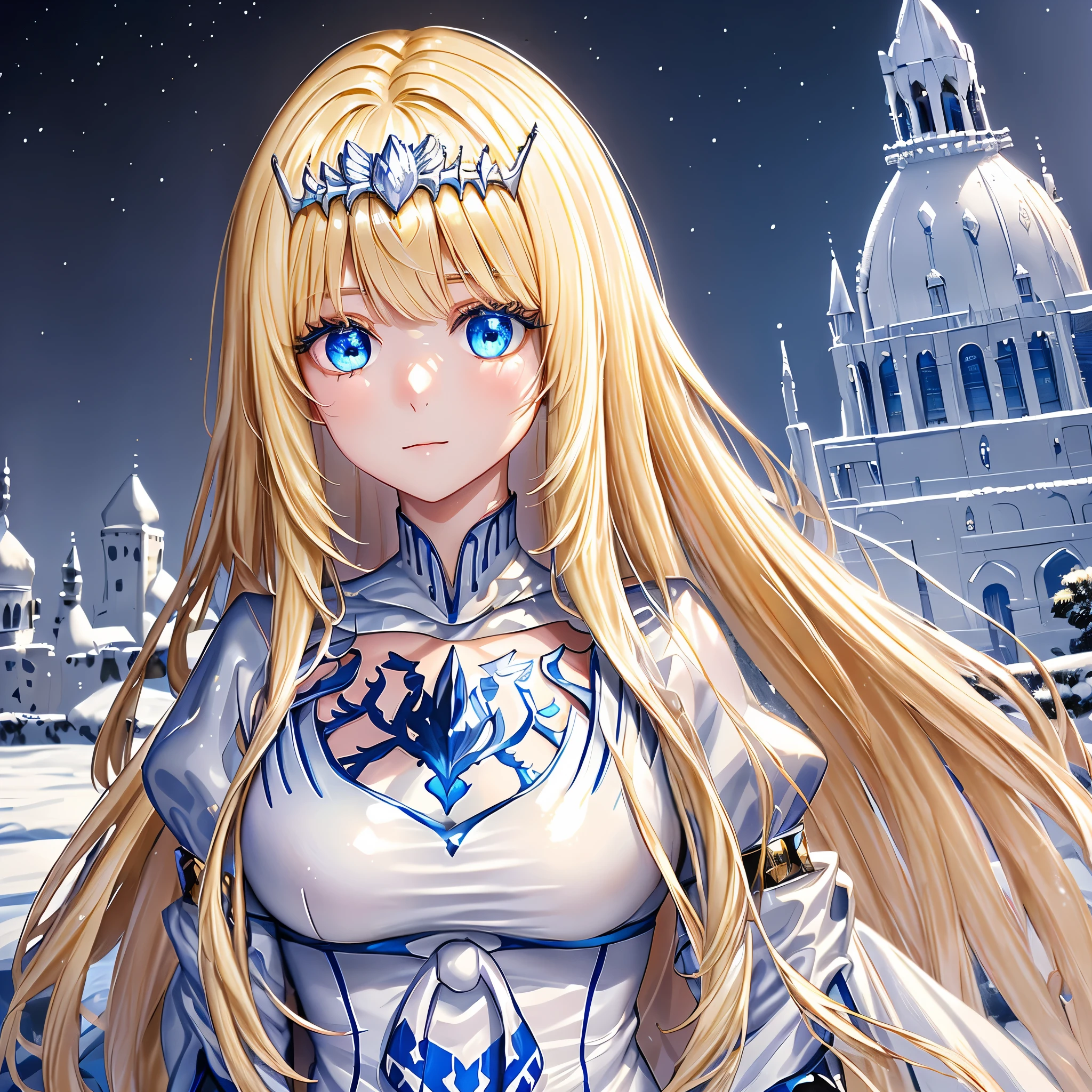 super fine illustration, an extremely cute and beautiful girl, highly detailed beautiful face and eyes, look at viewer, cowboy shot, beautiful long hair, solo, dynamic angle, beautiful detailed ice dress with frill, ice castle in background, blue tone,  1girl,solo, Calca, Calca Bessarez, blonde hair, extremely long hair, very long hair, white tiara, silver tiara, white dress, blue eyes, medium chest