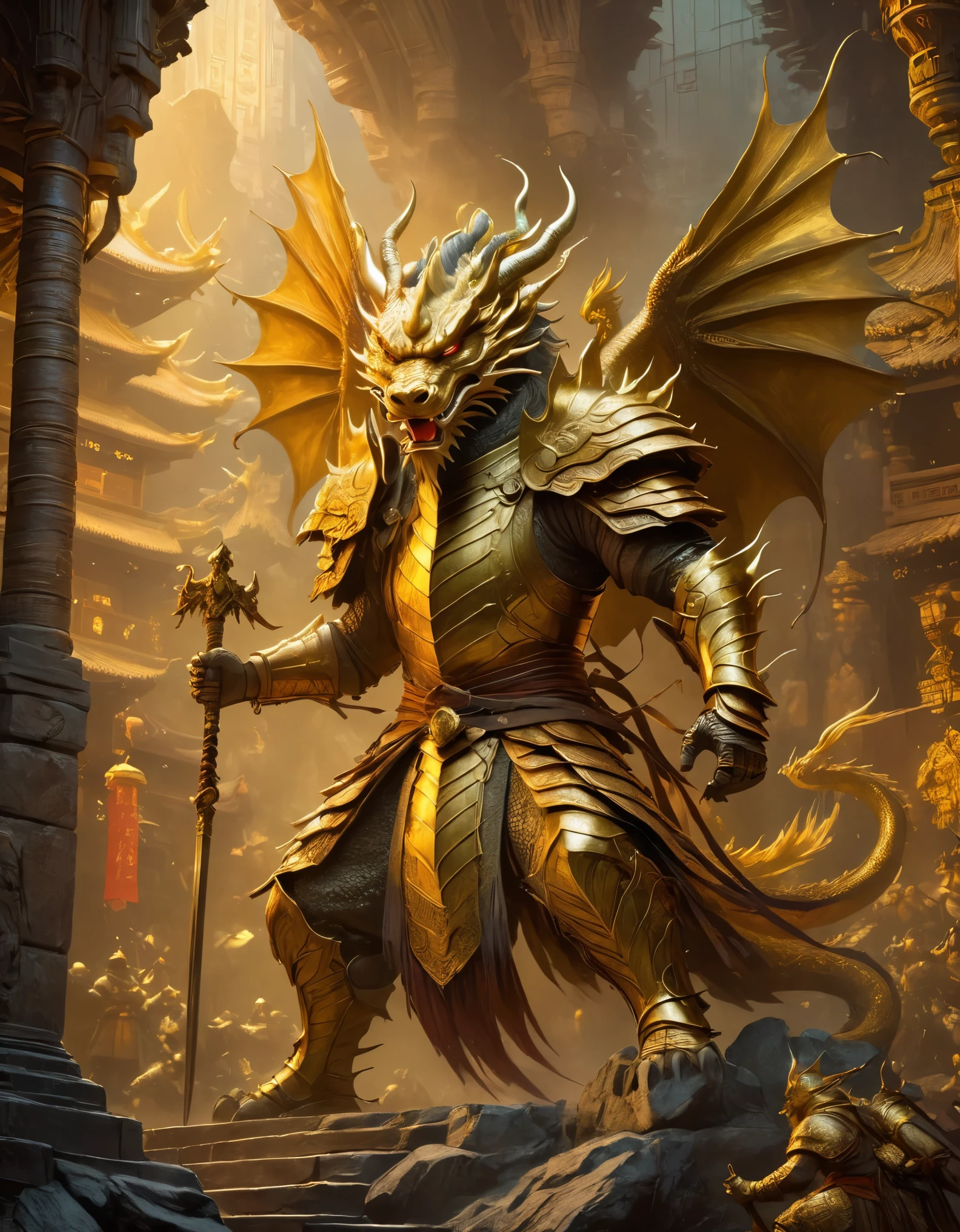(anthropomorphic Chinese dragon warrior in golden armor fighting enemies), swinging sword through dungeon roof, iper quality, iper detail, intricate detail, octan rendering, film, standing facing audience, mythological creatures, hermit, concept art, wide angle, full composition, dynamic lighting, movie