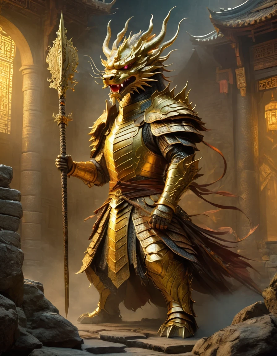 (anthropomorphic Chinese dragon warrior in golden armor fighting enemies), swinging sword through dungeon roof, iper quality, iper detail, intricate detail, octan rendering, film, standing facing audience, mythological creatures, hermit, concept art, wide angle, full composition, dynamic lighting, movie