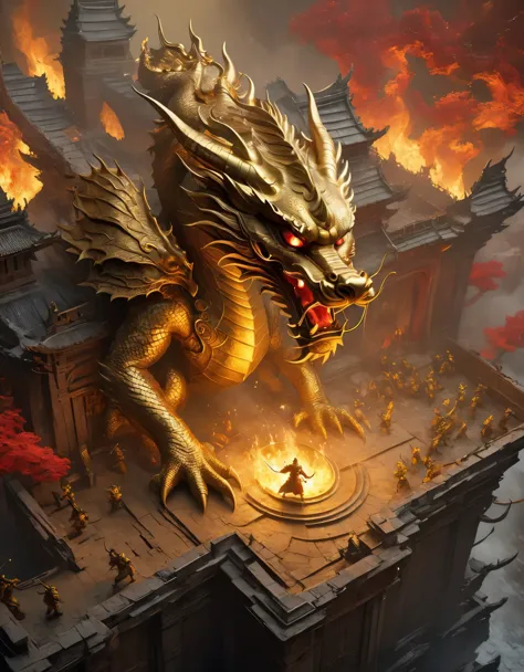 top view，(anthropomorphic Chinese dragon warrior in golden armor fighting enemies), sword swinging through dungeon roofs, red fl...