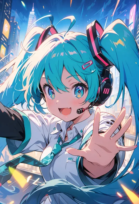 (best quality,4k,8k,highres,masterpiece:1.2),ultra-detailed,vibrant colors,beautiful detailed eyes,beautiful detailed lips,cute girl with long turquoise twin-tails,stylized cel-shading,dynamic pose,neon cityscape background,singing on a rooftop,anime style...