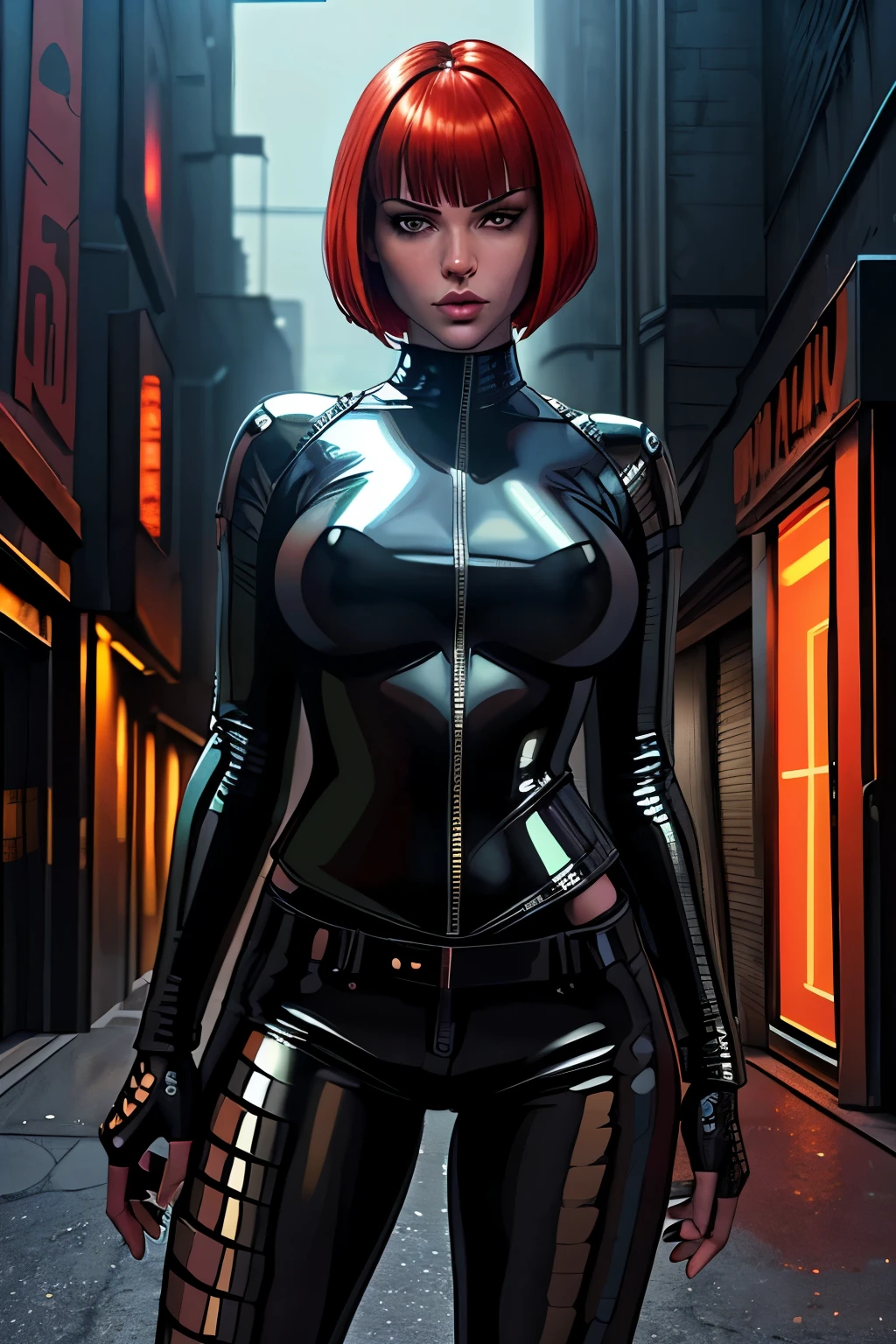 (best quality,ultra-detailed,realistic:1.37),portrait,beautiful detailed eyes,beautiful detailed lips,sexy gaze,dark atmosphere,metallic texture,shiny armor,reflective surfaces,bobcut hairstyle,futuristic fashion,leather jacket,black clothing,urban setting,city street scene,night time,neon lights,grimy alleyways,motorcycle,assassin,deadly weapon,confident stance. red hair