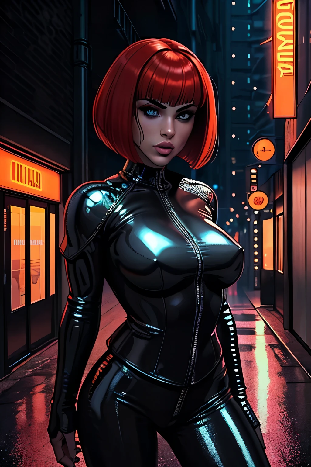 (best quality,ultra-detailed,realistic:1.37),portrait,beautiful detailed eyes,beautiful detailed lips,sexy gaze,dark atmosphere,metallic texture,shiny armor,reflective surfaces,bobcut hairstyle,futuristic fashion,leather jacket,black clothing,urban setting,city street scene,night time,neon lights,grimy alleyways,motorcycle,assassin,deadly weapon,confident stance. red hair