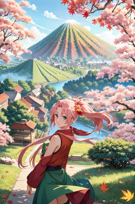 colorful, ((anime)) haruno sakura, long pink hair, green eyes, red dress, ((solo)),  8k, ((leaf village in the background)), ((m...