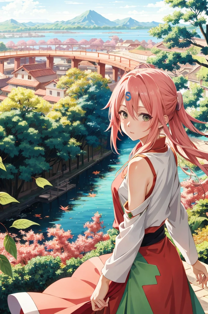 colorful, ((anime)) haruno sakura, long pink hair, green eyes, red dress, ((solo)),  8k, ((leaf village in the background)), ((masterpiece)), HDR, highly detailed, professional  