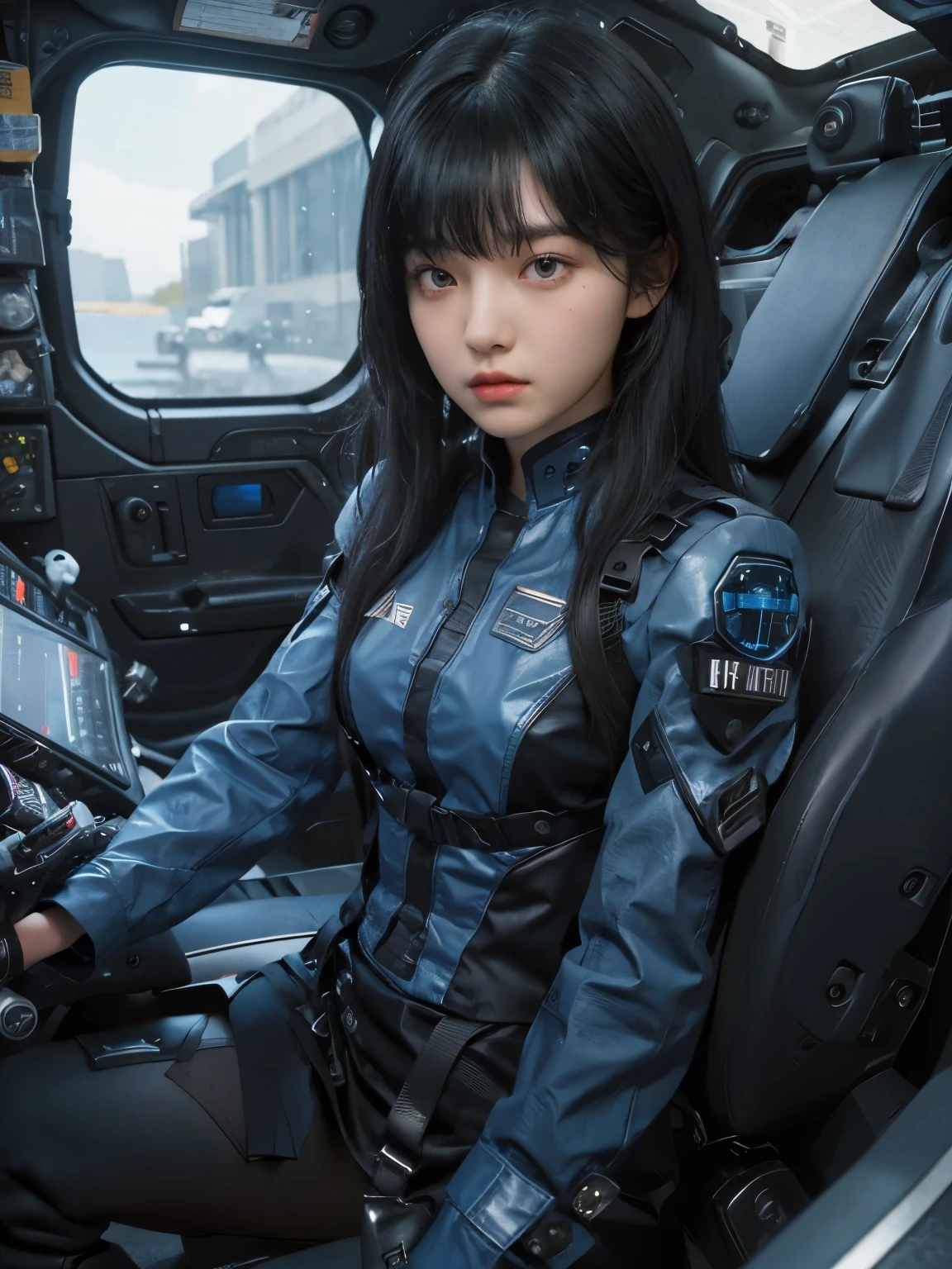 beautiful girl . Black hair. eighteen. Her bangs are down. she is looking at the camera with a defiant expression. she wears a blue-black metallic combat uniform. she is sitting in the robot's cockpit.