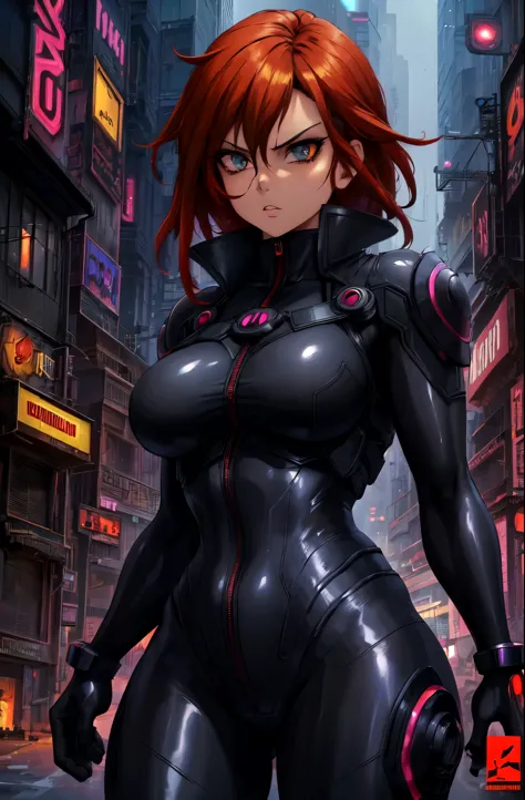 arafed woman in a black latex suit standing in a city, black widow, stylized urban fantasy artwork, redhead female cyberpunk, gl...