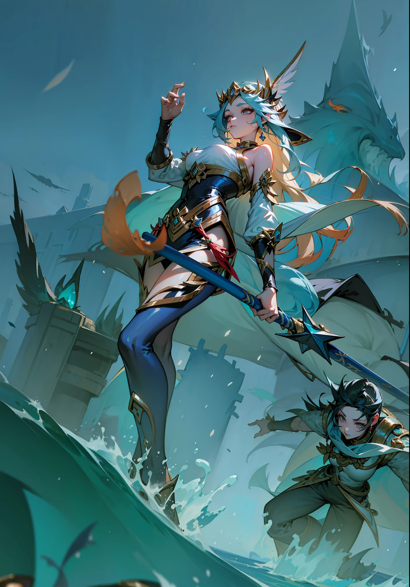 a woman，Queen of the Sea Mu Yanling, One Piece, character splash art, League of Legends style, League of Legends art style, wild rift, Legends of Runeterra, mobile legends, g liulian art style, Official splash art,In the sea，huge waves，Behind the boat，Heavy rain day，On the sea，clear structure，Exquisite facial features，captain，Side back，Holding the staff