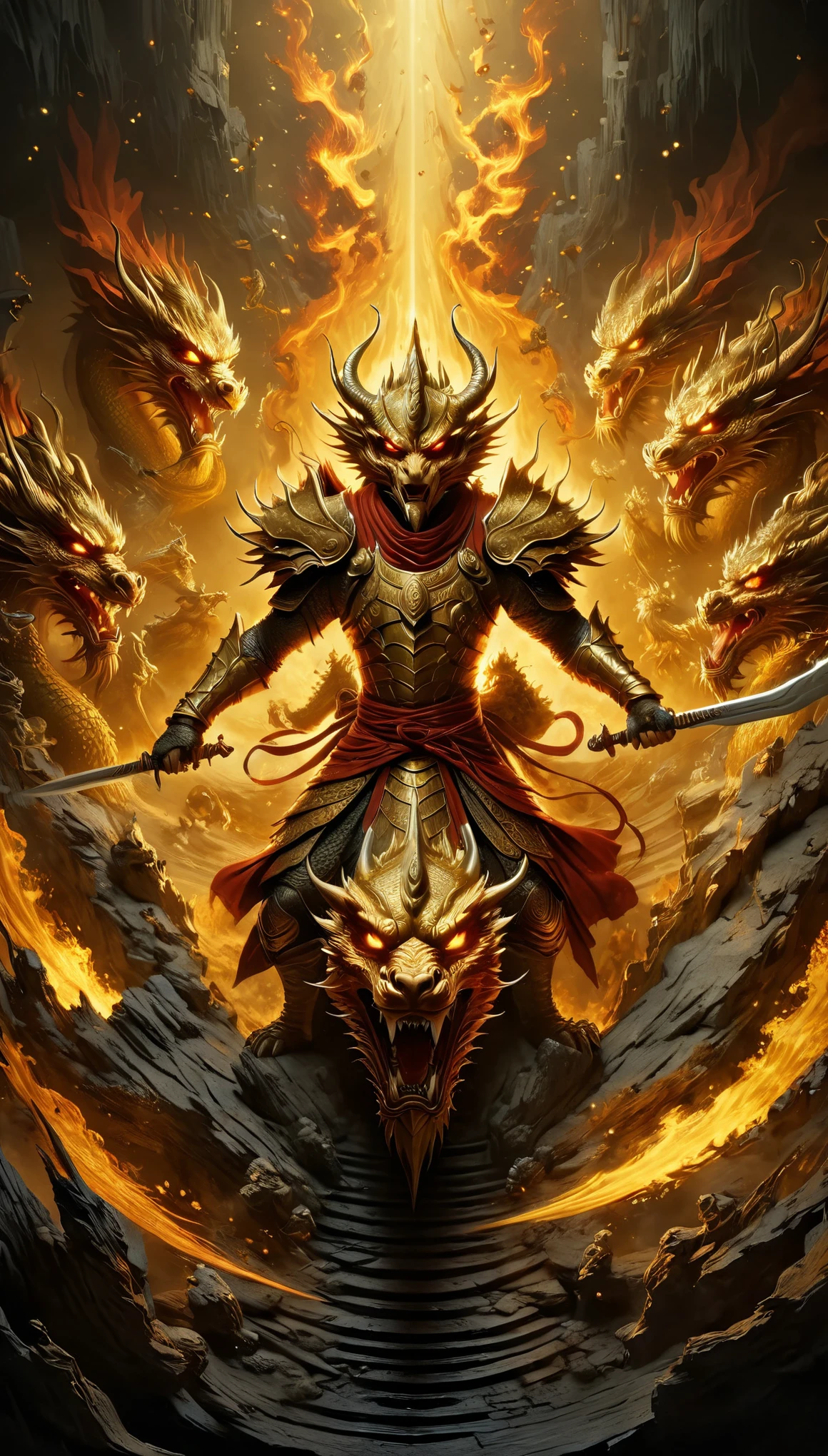 top view，(anthropomorphic Chinese dragon warrior in golden armor fighting enemies), sword swinging through dungeon roofs, red flames of hell, rubble flying, explosions, epic footage, iper quality, iper detail, intricate detail, octan rendering, cinema, standing facing the viewer, mythological creatures, hermits, conceptual art, wide angle, full composition, dynamic lighting, film