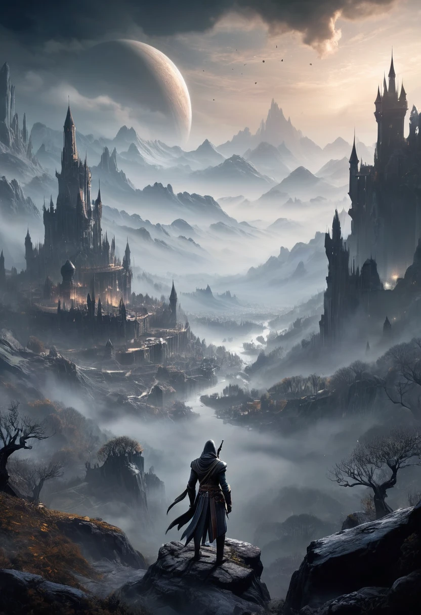 The distant world shrouded in mist, a assassin writing and documenting unknown legends, a Mysterious World, endless secrets hidden, masterpiece, best quality, perfect composition, very aesthetic, absurdres, ultra-detailed, intricate details, Professional, official art, Representative work