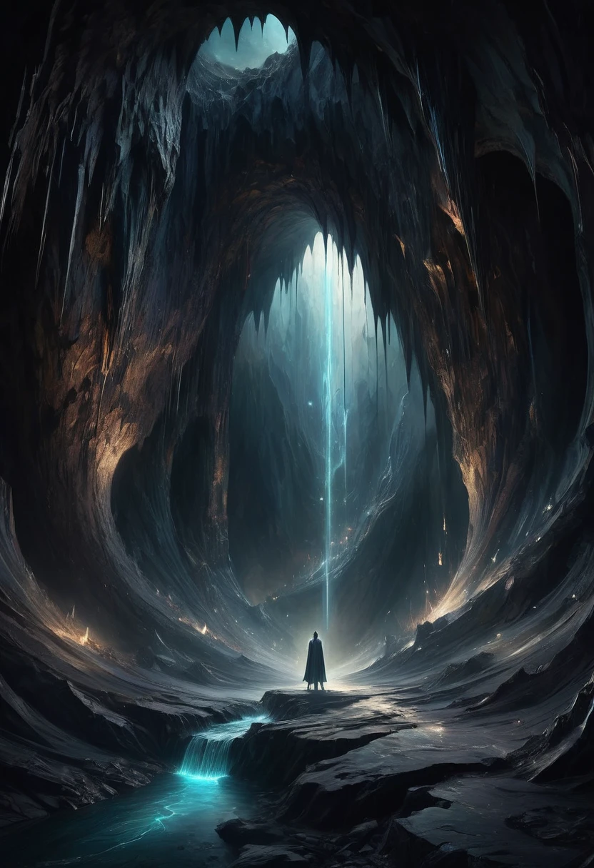 Crossing the dark cave, In silence, only the magic aura swirling around, reality distorted, masterpiece, best quality, perfect composition, very aesthetic, absurdres, ultra-detailed, intricate details, Professional, official art, Representative work