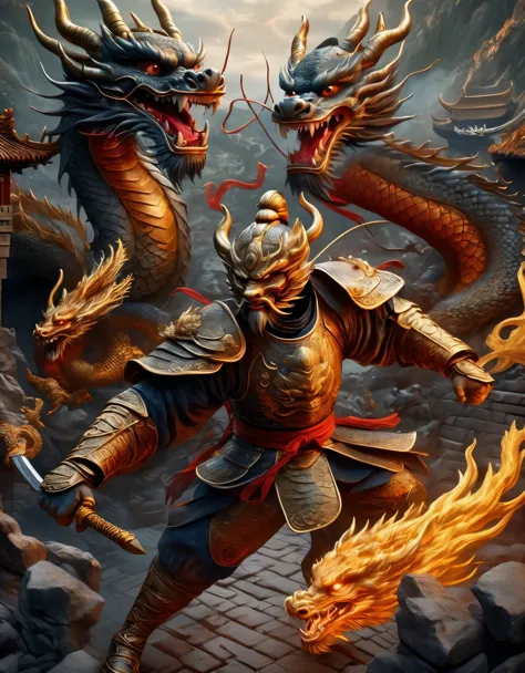 top view，(anthropomorphic Chinese dragon warrior in golden armor fighting enemies), sword swinging through dungeon roofs, red flames of hell, rubble flying, explosions, epic footage, iper quality, iper detail, intricate detail, octan rendering, cinema, sta...