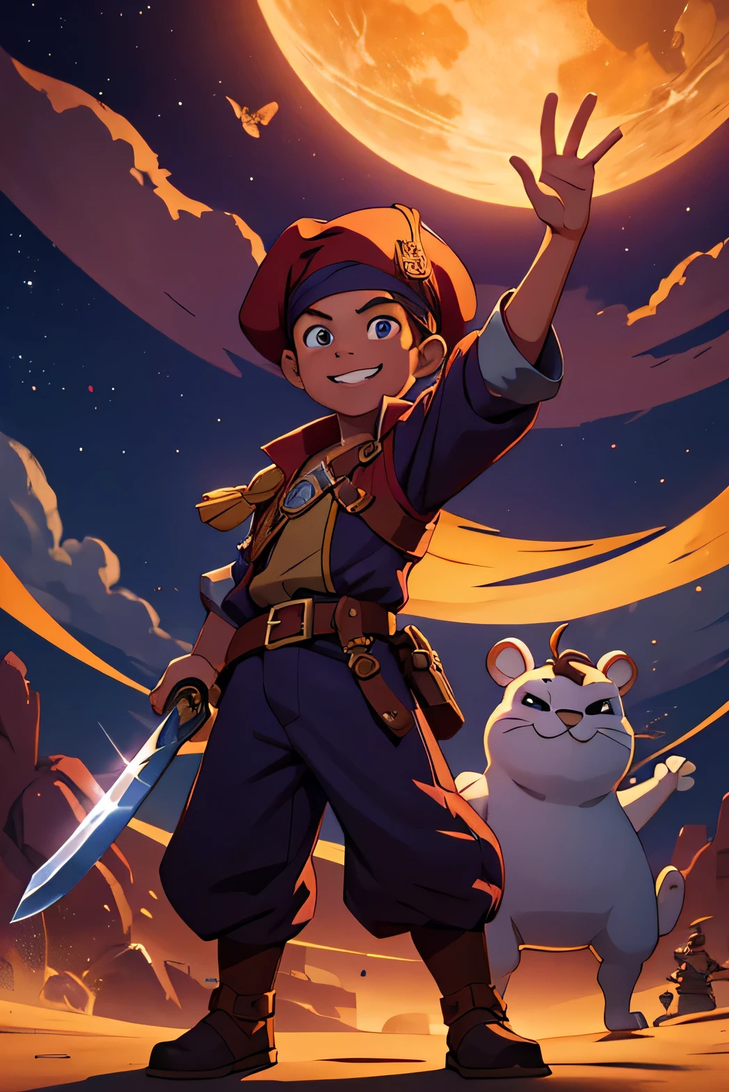 an animated image of a young pirate named Captain Squiggles a 7 years of age with a pirate costume with a smiling face who is standing tall with a sword in hand, waving towards the screen, children's story book, radiant smile, detailed character expressions, no background in image