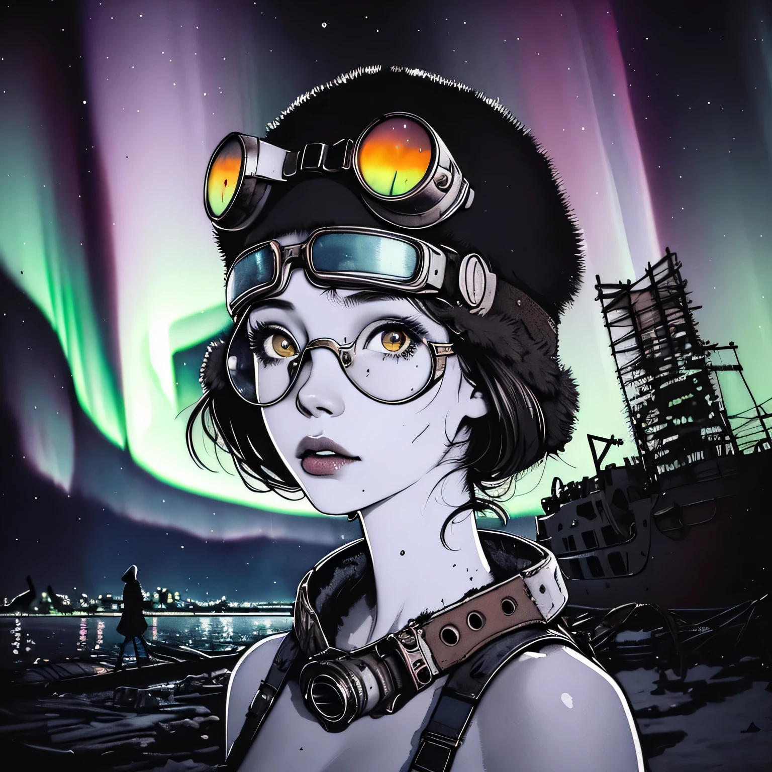 masterpiece, best quality, (closeup face:1,2), 1girl, standing, stare up, look up, goggles on head, (polar lights:1.2), aurora borealis, city ruins, night, winter, colorful, refflections in goggles, wrecked rusty ship in background, desolate, watercolor, sketch, (close up shot:1.4)