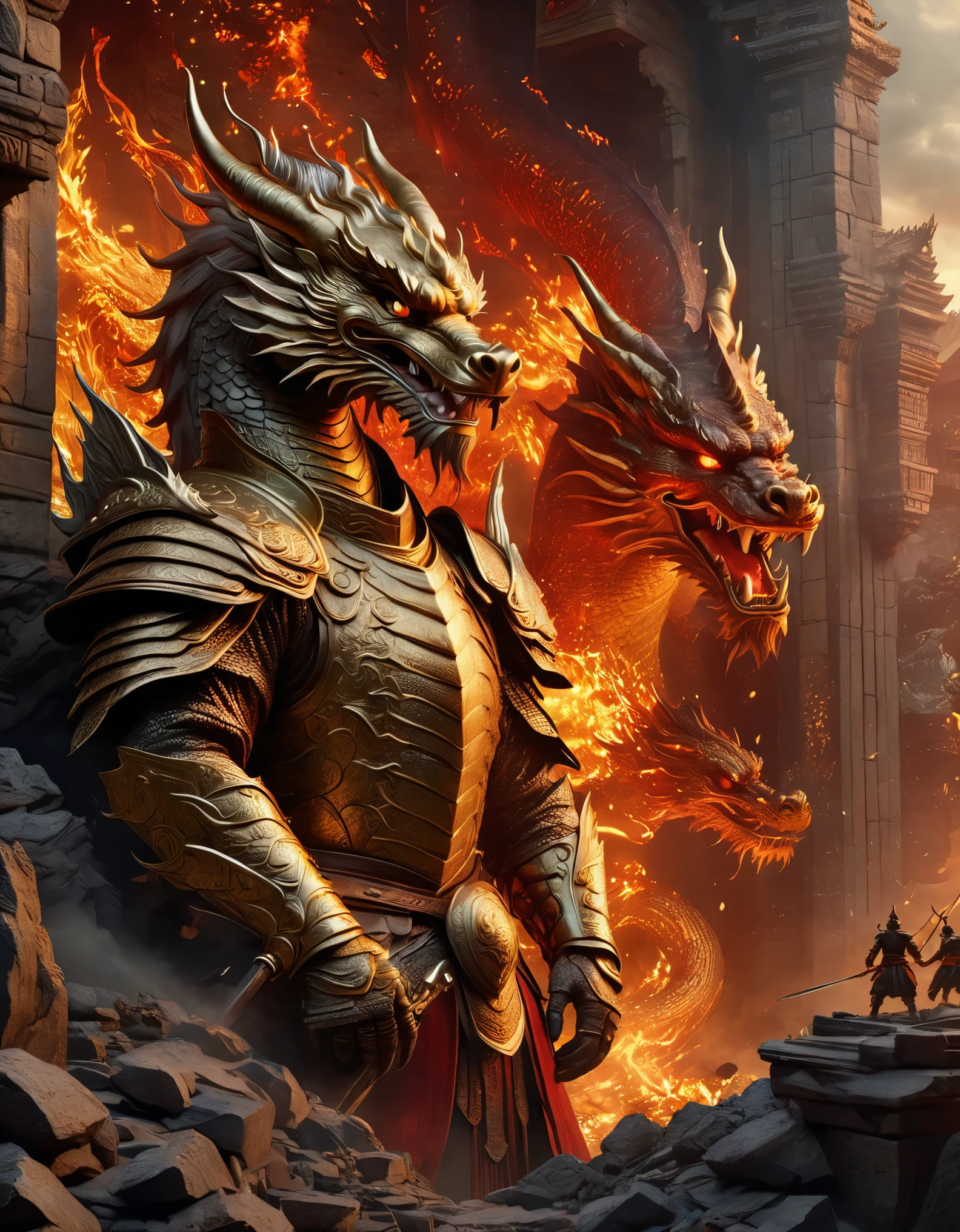 Bottom view，(anthropomorphic Chinese dragon warrior in golden armor fighting enemies), sword swinging through dungeon roofs, red flames of hell, rubble flying, explosions, epic footage, iper quality, iper detail, intricate detail, octan rendering, cinema, standing facing the viewer, mythological creatures, hermits, conceptual art, wide angle, full composition, dynamic lighting, film