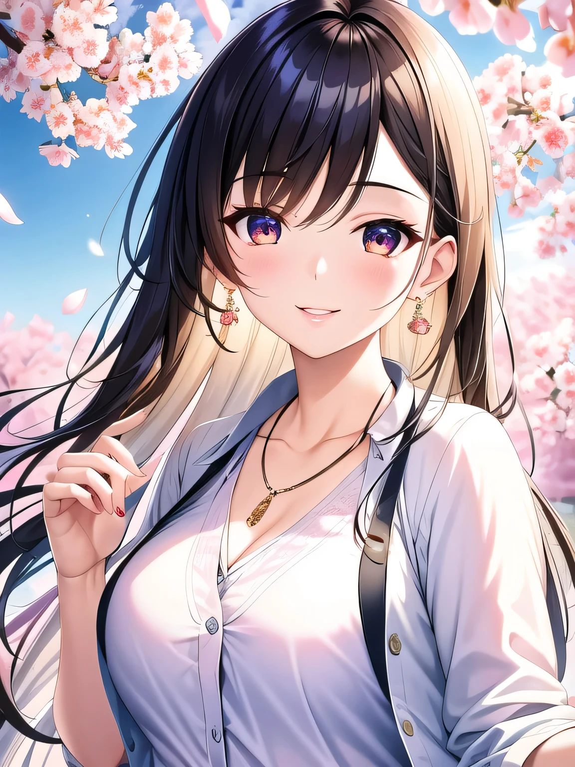 最high quality, masterpiece, High resolution, 1 girl, clear silk porcelain 、white cardigan, beautiful face, hair accessory, smile, close your mouth, lips,  hair accessory, necklace, jewelry, long hair, earrings, beautiful face, On the body, Tyndall effect, realism, edge lighting,  (high detail skin: 1.2), Digital single-lens reflex camera, soft light, high quality, volume lighting, photograph, High resolution 4K, 8K, blurred background、Cherry blossom trees in Kyoto、from top