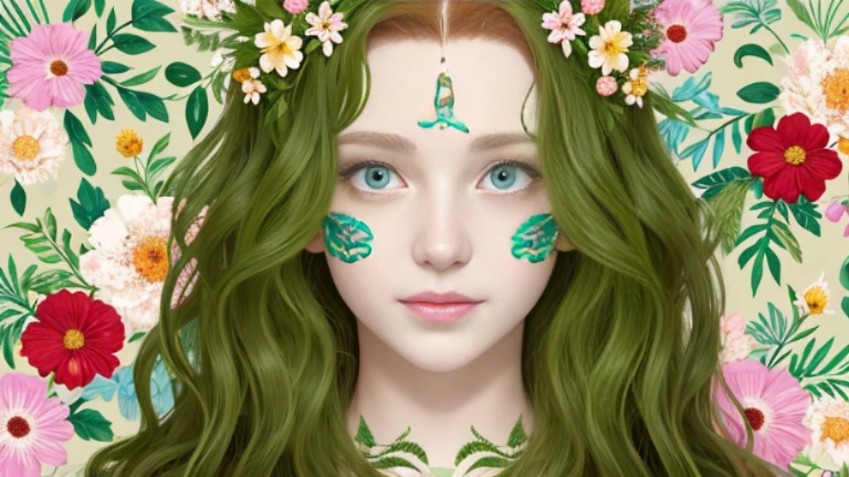 Caucasian woman with long wavy red hair, green eyes, around 30 years old, with a floral pattern cast across her face, against a background of styliezed green leaves and colorful flowers 