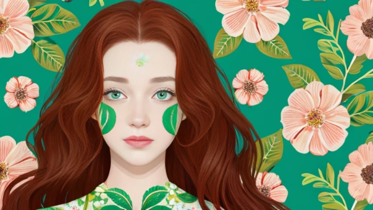 Caucasian woman with long wavy red hair, green eyes, around 30 years old, with a floral pattern cast across her face, against a background of styliezed green leaves and colorful flowers 