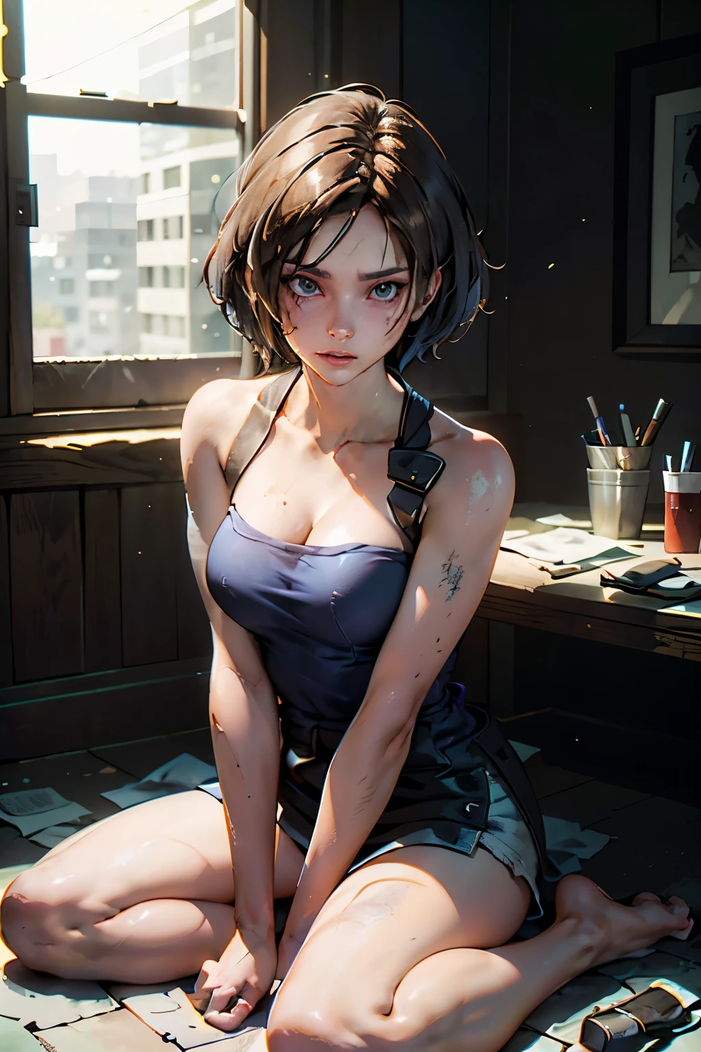 (chef-d&#39;œuvre, la plus haute qualité), Jill Valentine RE, 1 fille, seul, Cheveux courts, cheveux bruns, haut tube bleu, pas de manche, Épaules nues, mini jupe, black mini jupe, Beaux pieds, pieds nus, jambes pliées, assis par terre, Regarder le spectateur,