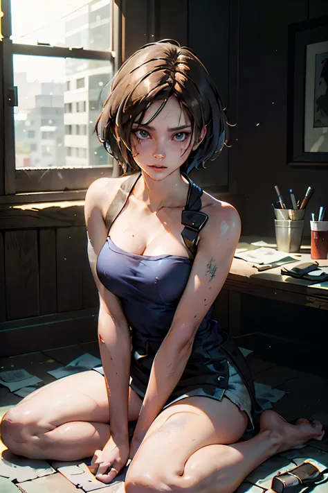 (masterpiece, highest quality), Jill Valentine RE, 1 girl, alone, short hair, brown hair, Blue tube top, No sleeve, bare shoulde...