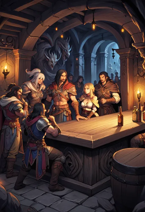 at the end of the dungeon, the bar is brightly lit, adventurers gather, singing and drinking intertwined, barbarians, mages, ass...