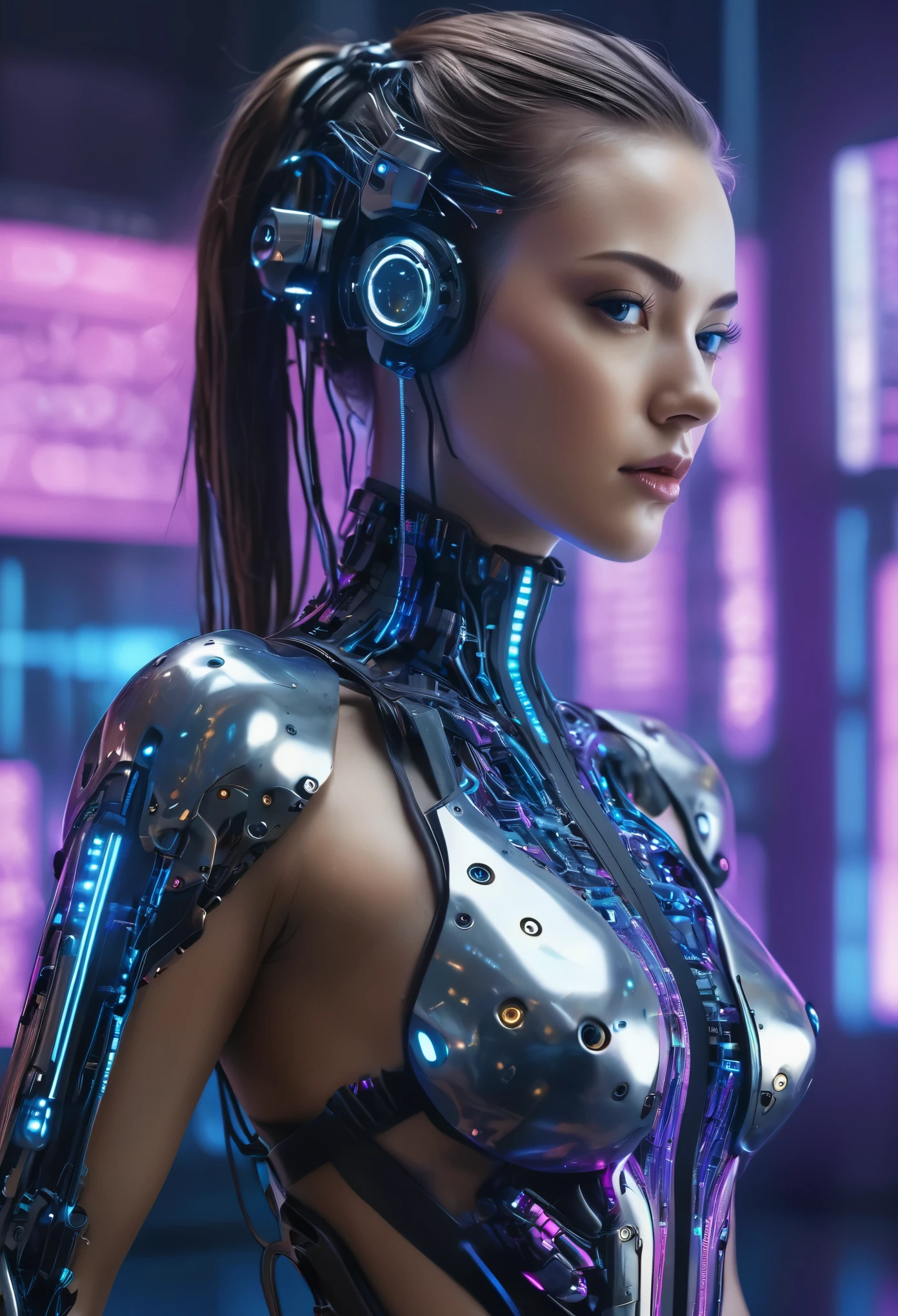Hacker cyborg femenino futurista, cuerpo sexy (mejor calidad,4k,8k,alta resolución,Obra maestra:1.2),ultra detallado,(Realista,photoRealista,photo-Realista:1.37),Ciencia ficción,artistas conceptuales,luces de neón brillantes,poderosa presencia,mundo distópico,atmósfera ciberpunk,implantes tecnológicos,mirada intensa,brazos robóticos multifuncionales,diseño elegante y estilizado,fondo digital tipo matriz,paleta de colores azul y morado,enfoque nítido,colores vívidos,aura misteriosa,Presencia de la inteligencia artificial,interfaz de teclado,Herramientas avanzadas de hacking,visión mejorada con pantalla de realidad aumentada,Sutiles circuitos brillantes en su piel.,Pose segura y atractiva,accesorios de alta tecnología,texturas metálicas plateadas,cerebro cibernético avanzado,Mejoras cibernéticas que se combinan perfectamente con su cuerpo.,transmisión de código complejo en segundo plano,Integración perfecta de humanos y máquinas,Destreza tecnológica,trascendiendo los límites entre humanos y máquinas,encarnando la fusión de belleza y tecnología,logrando un equilibrio entre fuerza y feminidad,Representando el futuro de los avances cibernéticos..