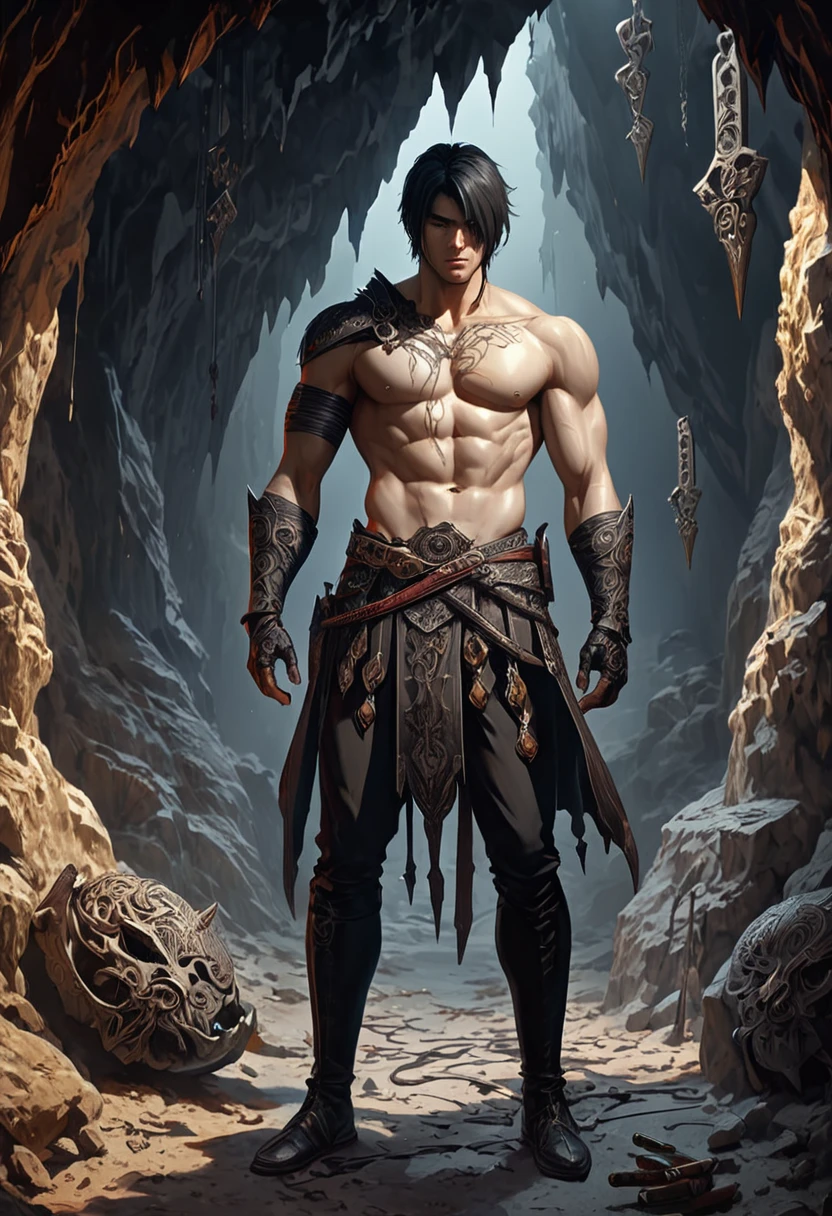 a dangerous male assassin standing hidden in cave shadow, traps everywhere, masterpiece, best quality, perfect composition, very aesthetic, absurdres, ultra-detailed, intricate details, Professional, official art, Representative work