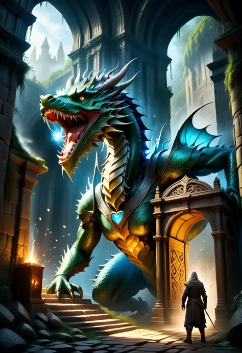 A dungeon with a fierce dragon, ancient stone walls, dim torchlight, intricate carvings, mythical creatures, adventurous heroes,...