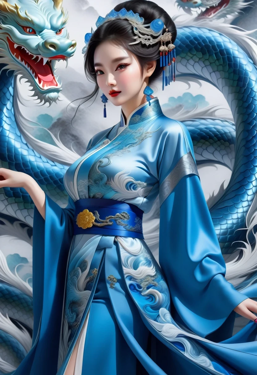 *8k masterpiece, top quality, best quality, official art, (Beauty and Aesthetics: 1.3), Very detailed, (fractal art: 1.3), rich and colorful, Ice and Chinese Dragon, Serpentine, nail, blue and 1 Woman, Han Chinese Women Media, hanfu, blue