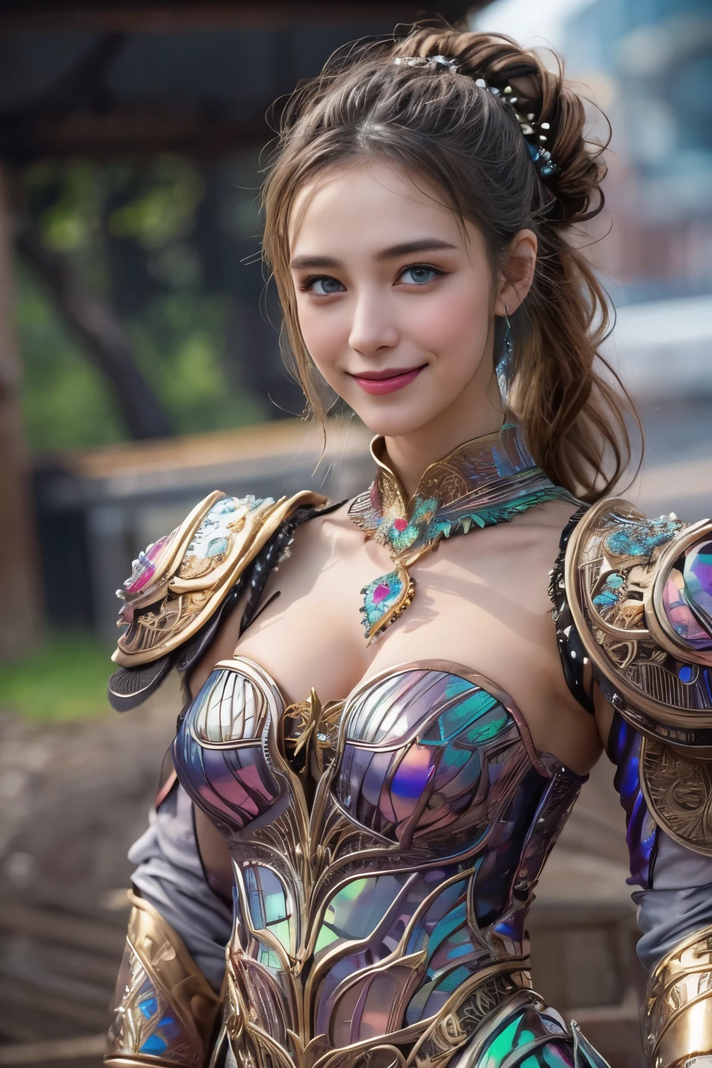 (highest quality, High resolution, masterpiece:1.2), Super detailed, (realistic, realistic, realistic: 1.37), (One beautiful Russian girl with a big round butt photographed from behind:1.6), (she is by the lake) (incredibly beautiful natural scenery:1.3), She wears elaborate and beautiful armor with jewels。. she has the most beautiful face in the universe, smile charmingly at the viewer. (NSFW:1.2), flat chest, beautiful nipples, toned body, (expression of ecstasy: 1.2), From the side, 16 years old,  (sexy and glamorous:1.1), (coquettish expression: 1.6), (small breasts with raised areolas: 1.6), (sexy smile: 1.2), (erotic pose: 1.5), Beautiful and seductive face, (Super detailed skin texture: 1.4), perfect anatomy, (Beautiful and toned body and abs:1.1), (moist skin: 1.21), (Odango hairstyle:1.36), no makeup, Bear,  (thick eyebrows:1.2), (Detailed iridescent eyes:1.4), Beautiful eyes with high bilateral symmetry, (highly detailed eyes:1.4), (High resolutionの目:1.1), (emilia clarke:0.3) (emma watson: 0.3), (jennifer connelly: 0.3), (sensual face :1.5), cyberpunk sci-fi, (Gauntlet with intricate and beautiful design:1.2), background blur, Foreground blur, Depth of the bounds written, (motion blur:1.1), Intricate and colorful biomechanical body suit, (small breasts: 1.2), transparent chest, big hips, grab your chest, (smile seductively:1.6)