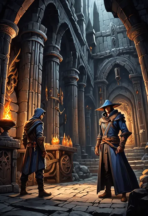 Adventure Story of Mage and male assassin, Adventure team, dark Dungeon, masterpiece, best quality, perfect composition, very ae...