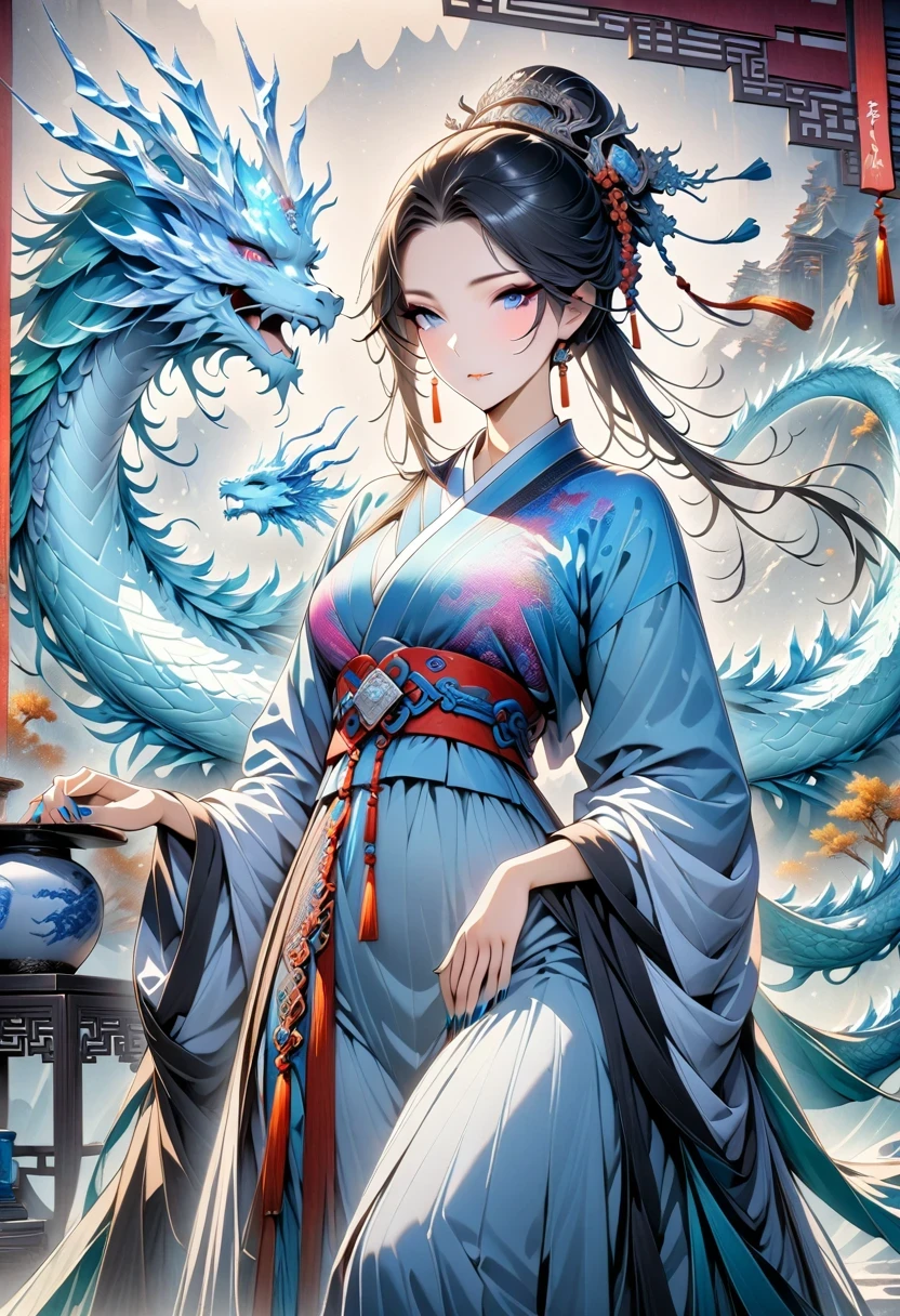 *8k masterpiece, top quality, best quality, official art, (Beauty and Aesthetics: 1.3), Very detailed, (fractal art: 1.3), rich and colorful, Ice and Chinese Dragon, Serpentine, nail, blue and 1 Woman, Han Chinese Women Media, hanfu, blue