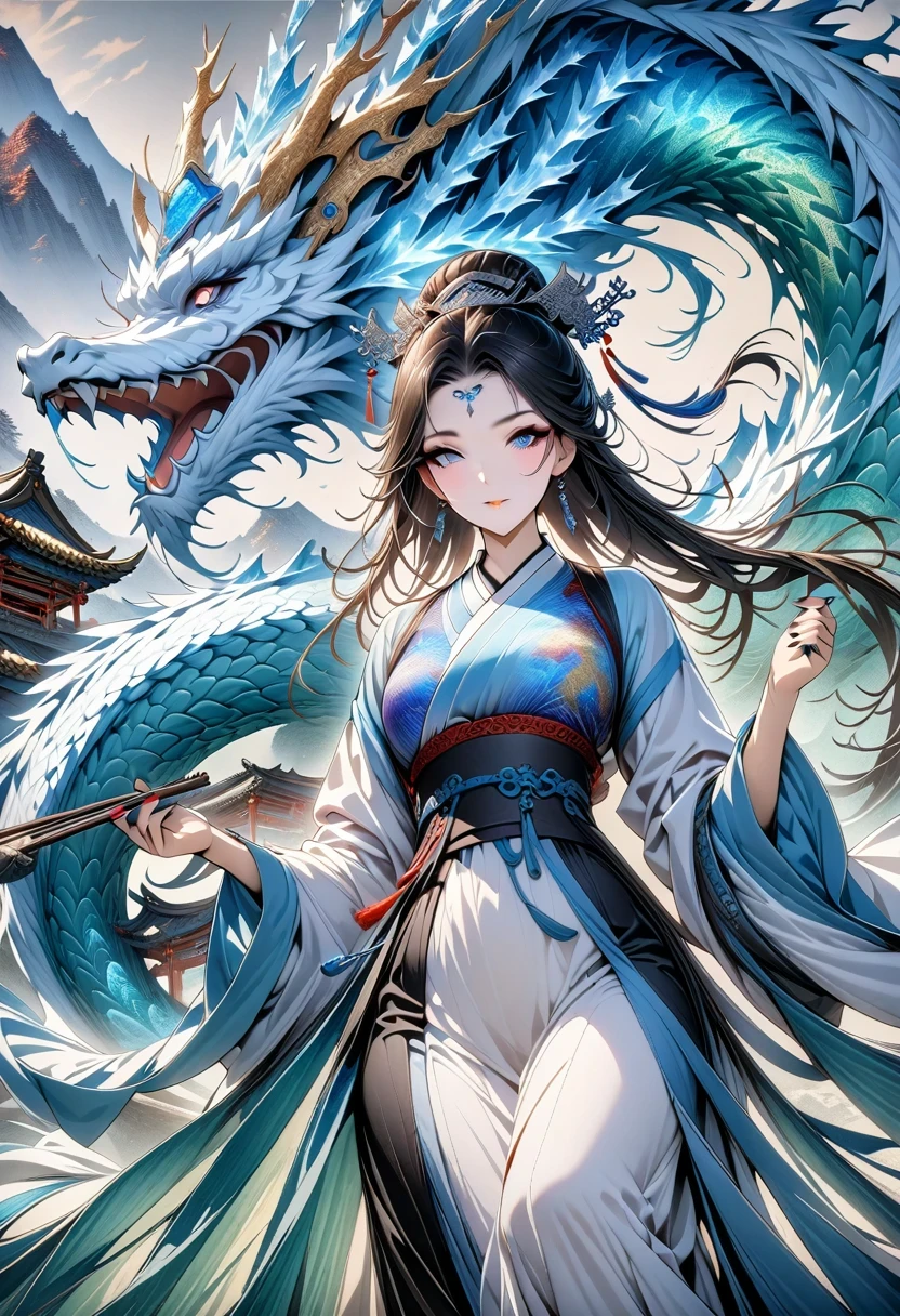 *8k masterpiece, top quality, best quality, official art, (Beauty and Aesthetics: 1.3), Very detailed, (fractal art: 1.3), rich and colorful, Ice and Chinese Dragon, Serpentine, nail, blue and 1 Woman, Han Chinese Women Media, hanfu, blue