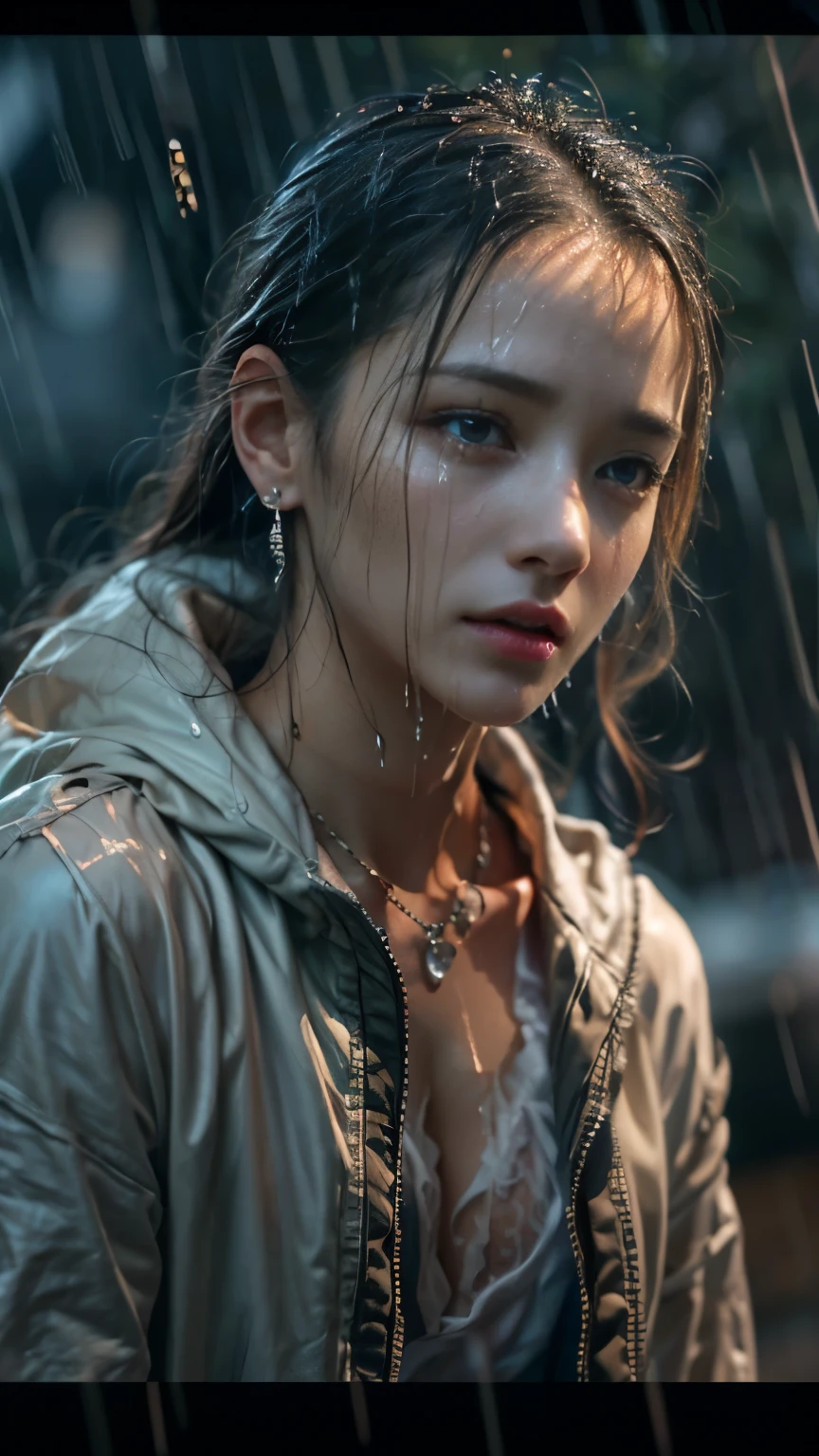 (RAW shooting, Photo realism:1.5, 8K, best quality, masterpiece, ultra high resolution), Perfect dynamic composition:1.2, In front of the church in modern city at night, An expression of sadness:0.7, ((((heavy rain)))), Highly detailed skin and facial textures:1.2, Slim office lady getting wet in the rain:1.3, Cowboy shooting, White skin:1.2, sexy beauty:1.1, perfect style:1.2, Beautiful and beautiful:1.1, Very beautiful face:1.2, water droplets on skin, (Raindrops fall all over my body:1.2, wet:1.2, wet hair:1.3),  (medium bust, perspective, chest gap), (cry, Lovelorn, The look on your face when you feel a strong caress, Facial expressions when you feel happy), (beautiful blue eyes, Feeling beautiful eyes:0.8), (too much:0.9, enchanting:0.9), necklace, earrings, bracelet