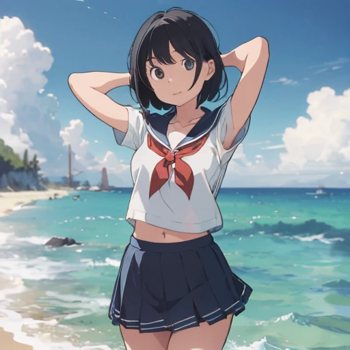 ((best quality)), ((masterpiece)), (detailed), perfect face,
1girl,full body,from front,Right in front,, sailor suit,short sleeve,solid mini skirt,navel exposed, sea background,short black hair, arms behind head