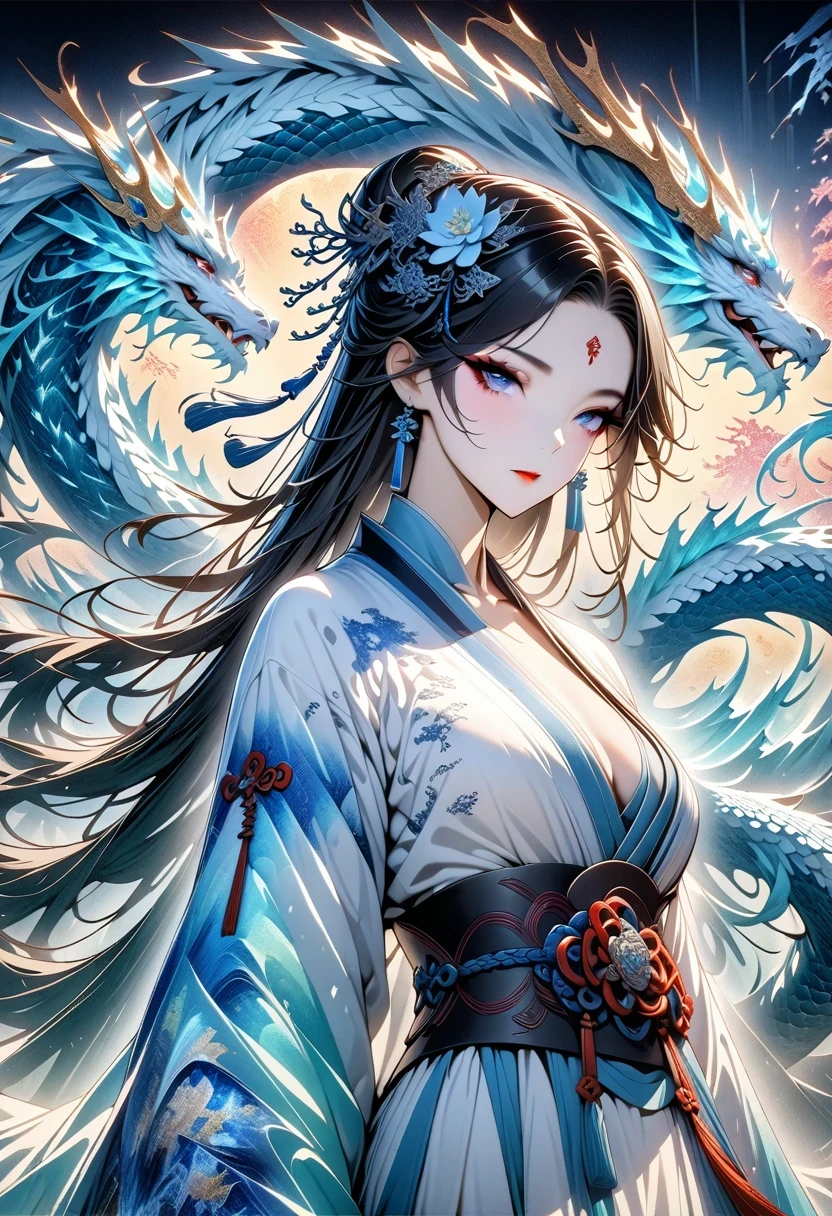 *8k masterpiece, top quality, best quality, official art, (Beauty and Aesthetics: 1.3), Very detailed, (fractal art: 1.3), rich and colorful, Ice and Chinese Dragon, Serpentine, nail, blue and 1 Woman, Han Chinese Women Media, hanfu, blue